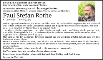 Traueranzeige von Paul Stefan Rothe von Super Sonntag Dessau-Roßlau