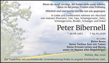 Traueranzeige von Peter Bibernell von Wochenspiegel Naumburg/Nebra