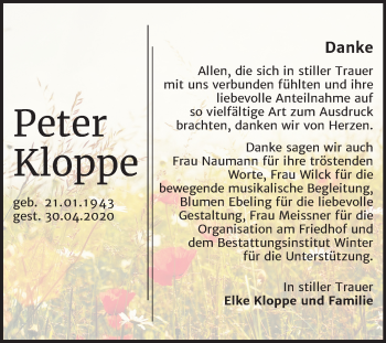 Traueranzeige von Peter Kloppe von Mitteldeutsche Zeitung Bitterfeld