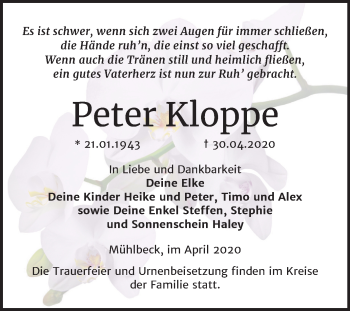 Traueranzeige von Peter Kloppe von Mitteldeutsche Zeitung Bitterfeld