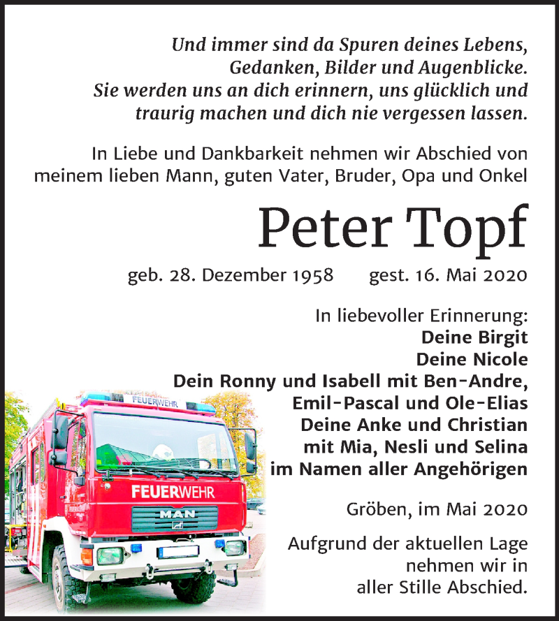  Traueranzeige für Peter Topf vom 30.05.2020 aus Super Sonntag Weißenfels