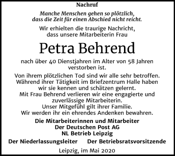 Traueranzeige von Petra Behrend von Mitteldeutsche Zeitung Halle/Saalkreis