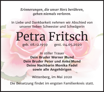 Traueranzeige von Petra Fritsch von Mitteldeutsche Zeitung Wittenberg