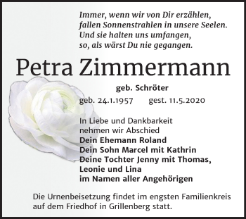 Traueranzeige von Petra Zimmermann von Super Sonntag Sangerhausen