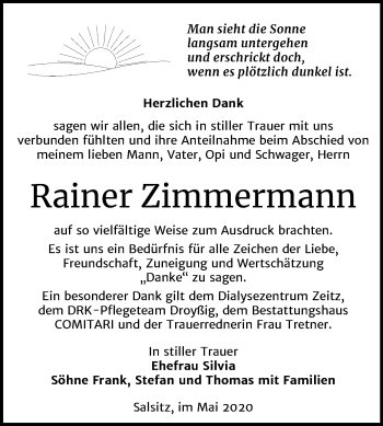 Traueranzeige von Rainer Zimmermann von Super Sonntag Zeitz