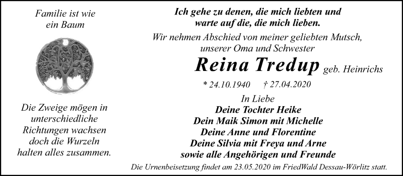  Traueranzeige für Reina Tredup vom 08.05.2020 aus Mitteldeutsche Zeitung Dessau-Roßlau