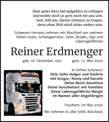 Traueranzeige von Reiner Erdmenger von Mitteldeutsche Zeitung Weißenfels