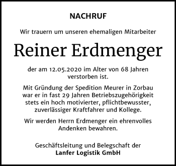 Traueranzeige von Reiner Erdmenger von Super Sonntag Weißenfels
