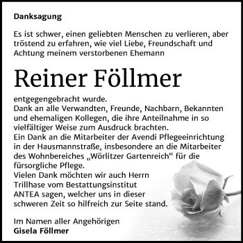 Traueranzeige von Reiner Föllmer von Mitteldeutsche Zeitung Dessau-Roßlau