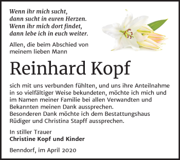 Traueranzeige von Reinhard Kopf von Mitteldeutsche Zeitung Mansfelder Land