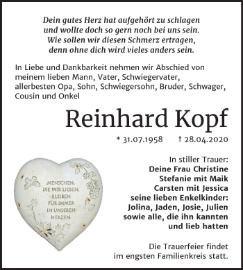 Traueranzeige von Reinhard Kopf von Super Sonntag Mansfelder Land