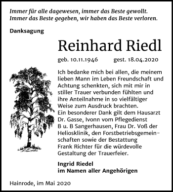 Traueranzeige von Reinhard Riedl von Super Sonntag Sangerhausen