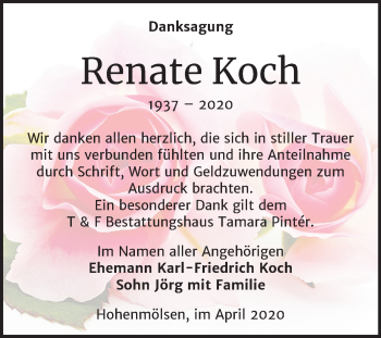 Traueranzeige von Renate Koch von Super Sonntag Weißenfels