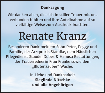 Traueranzeige von Renate Kranz von Mitteldeutsche Zeitung Bernburg