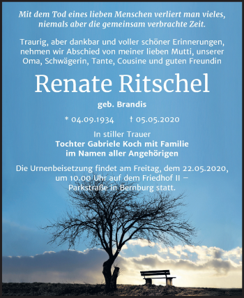 Traueranzeige von Renate Ritschel von Mitteldeutsche Zeitung Bernburg