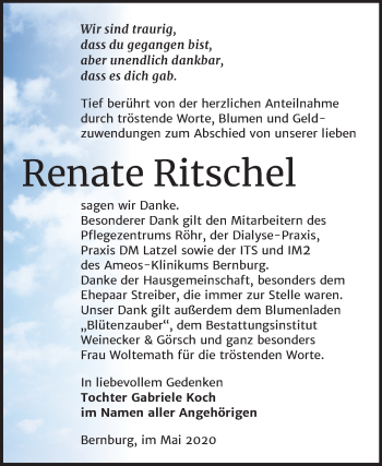 Traueranzeige von Renate Ritschel von Super Sonntag Bernburg