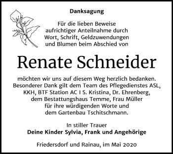 Traueranzeige von Renate Schneider von Wochenspiegel Bitterfeld
