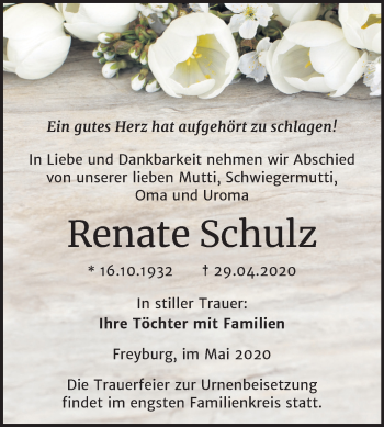 Traueranzeige von Renate Schulz von Mitteldeutsche Zeitung Naumburg/Nebra