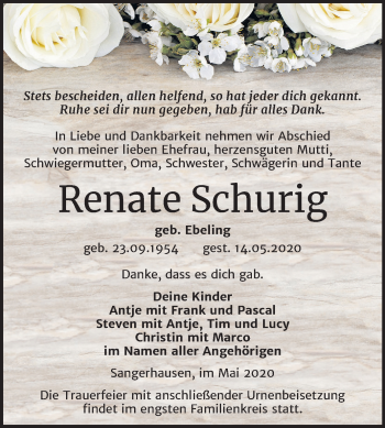 Traueranzeige von Renate Schurig von Super Sonntag Sangerhausen