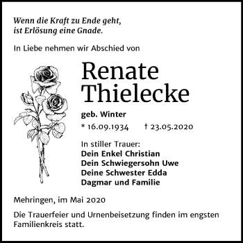 Traueranzeige von Renate Thielecke von Super Sonntag Aschersleben