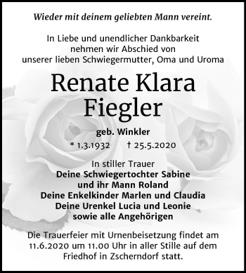 Traueranzeige von Renate Klara Fiegler von Mitteldeutsche Zeitung Bitterfeld