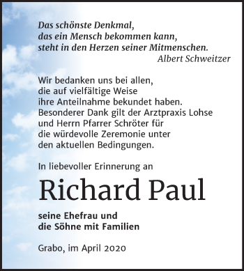 Traueranzeige von Richard Paul von Super Sonntag Wittenberg