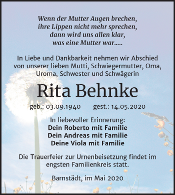Traueranzeige von Rita Behnke von Mitteldeutsche Zeitung Merseburg/Querfurt