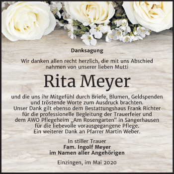 Traueranzeige von Rita Meyer von Super Sonntag Sangerhausen