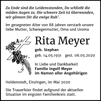Traueranzeige von Rita Meyer von Mitteldeutsche Zeitung Sangerhausen