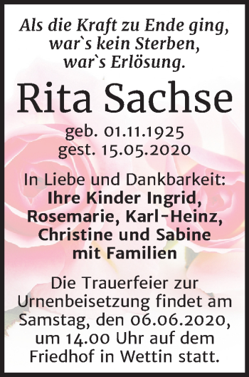 Traueranzeige von Rita Sachse von Mitteldeutsche Zeitung Halle/Saalkreis