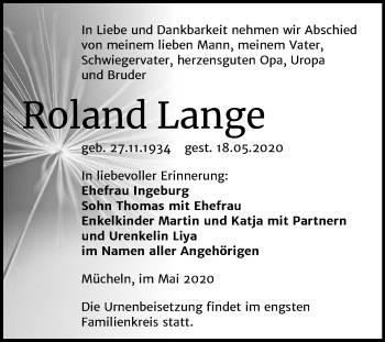 Traueranzeige von Roland Lange von Mitteldeutsche Zeitung Merseburg/Querfurt