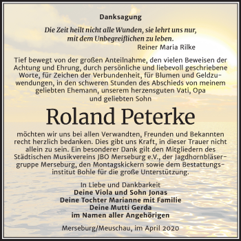 Traueranzeige von Roland Peterke von Mitteldeutsche Zeitung Merseburg/Querfurt
