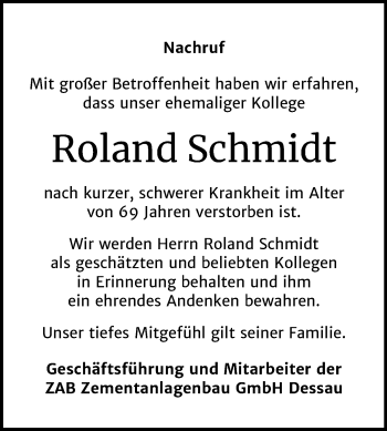 Traueranzeige von Roland Schmidt von Super Sonntag Dessau-Roßlau