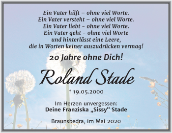 Traueranzeige von Roland Stade von Wochenspiegel Merseburg/Querfurt