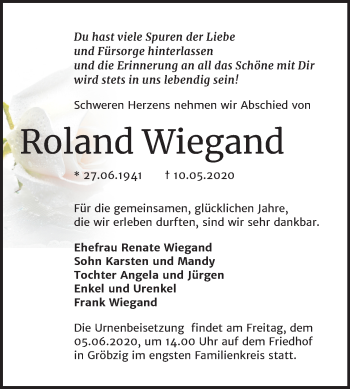 Traueranzeige von Roland Wiegand von Super Sonntag Bernburg