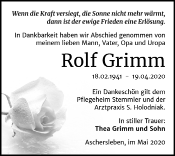 Traueranzeige von Rolf Grimm von Mitteldeutsche Zeitung Aschersleben