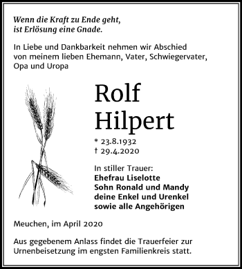 Traueranzeige von Rolf Hilpert von Super Sonntag Weißenfels