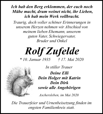 Traueranzeige von Rolf Zufelde von Super Sonntag Aschersleben