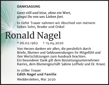 Traueranzeige von Ronald Nagel von Mitteldeutsche Zeitung Quedlinburg