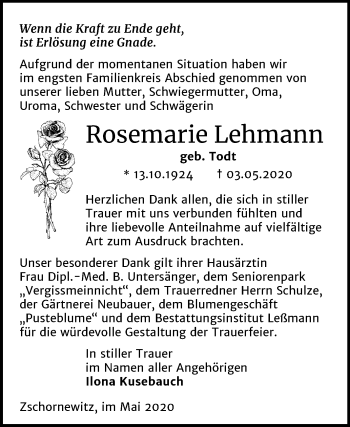 Traueranzeige von Rosemarie Lehmann von Mitteldeutsche Zeitung Wittenberg