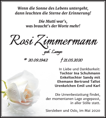 Traueranzeige von Rosi Zimmermann von Mitteldeutsche Zeitung Mansfelder Land