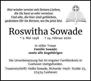 Traueranzeige von Roswitha Sowade von Super Sonntag Wittenberg