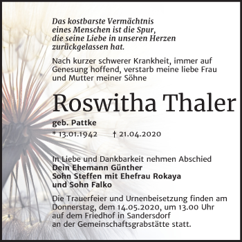 Traueranzeige von Roswitha Thaler von Mitteldeutsche Zeitung Bitterfeld