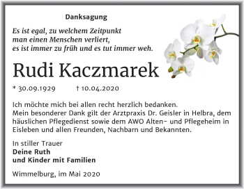 Traueranzeige von Rudi Kaczmarek von Super Sonntag Mansfelder Land