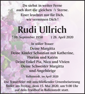 Traueranzeige von Rudi Ullrich von Super Sonntag Quedlinburg
