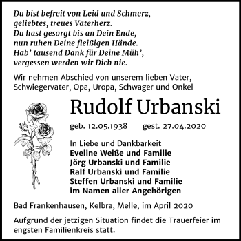 Traueranzeige von Rudolf Urbanski von Mitteldeutsche Zeitung Sangerhausen
