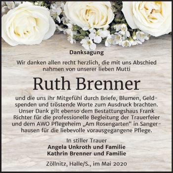 Traueranzeige von Ruth Brenner von Super Sonntag Sangerhausen