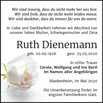 Traueranzeige von Ruth Dienemann von Mitteldeutsche Zeitung Sangerhausen