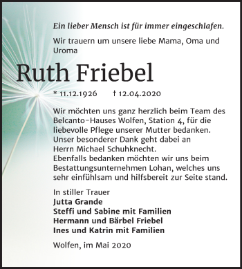Traueranzeige von Ruth Friebel von Mitteldeutsche Zeitung Bitterfeld