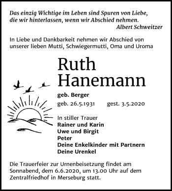Traueranzeige von Ruth Hanemann von Super Sonntag Merseburg/Querfurt